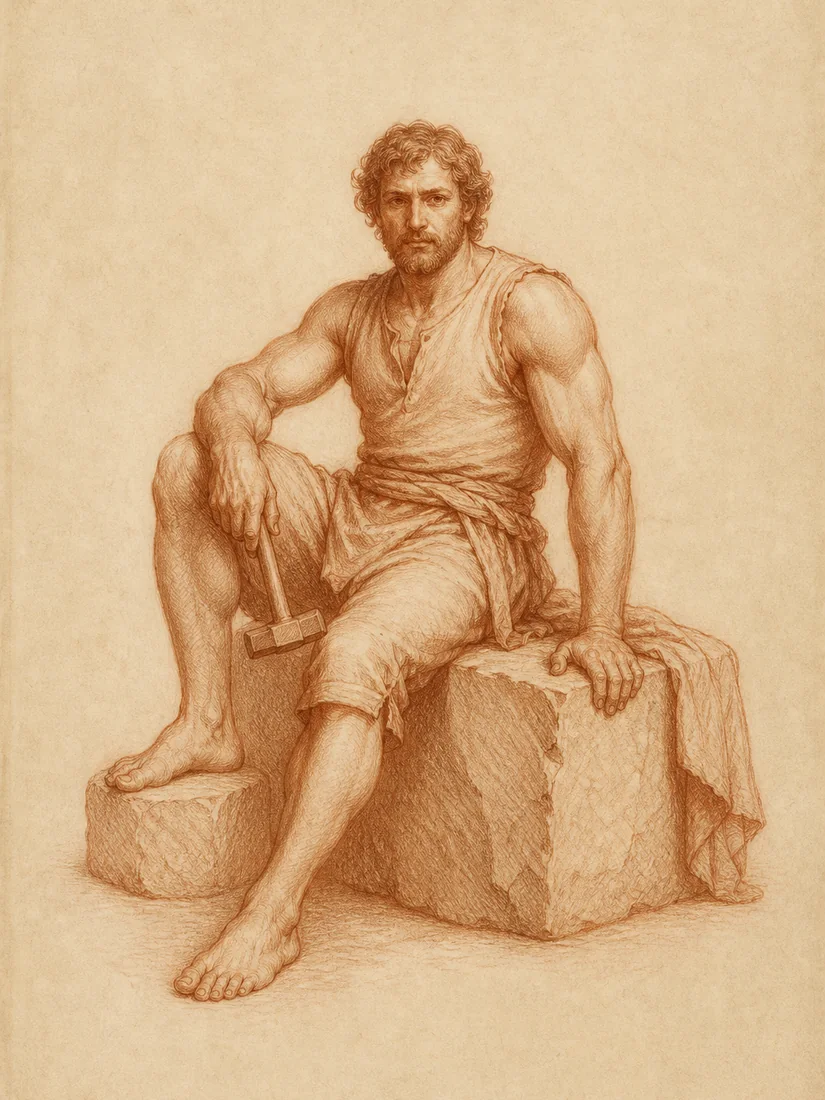 Red chalk study of a mason seated on a squared block, hammer in hand